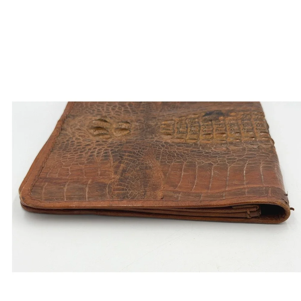 Vintage Reptile Embossed Leather Clutch Brown Portfolio Zip Bag Hornback Style